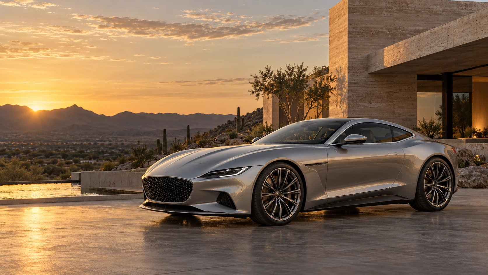 Silver concept grand touring coupe beside a sculptural desert home