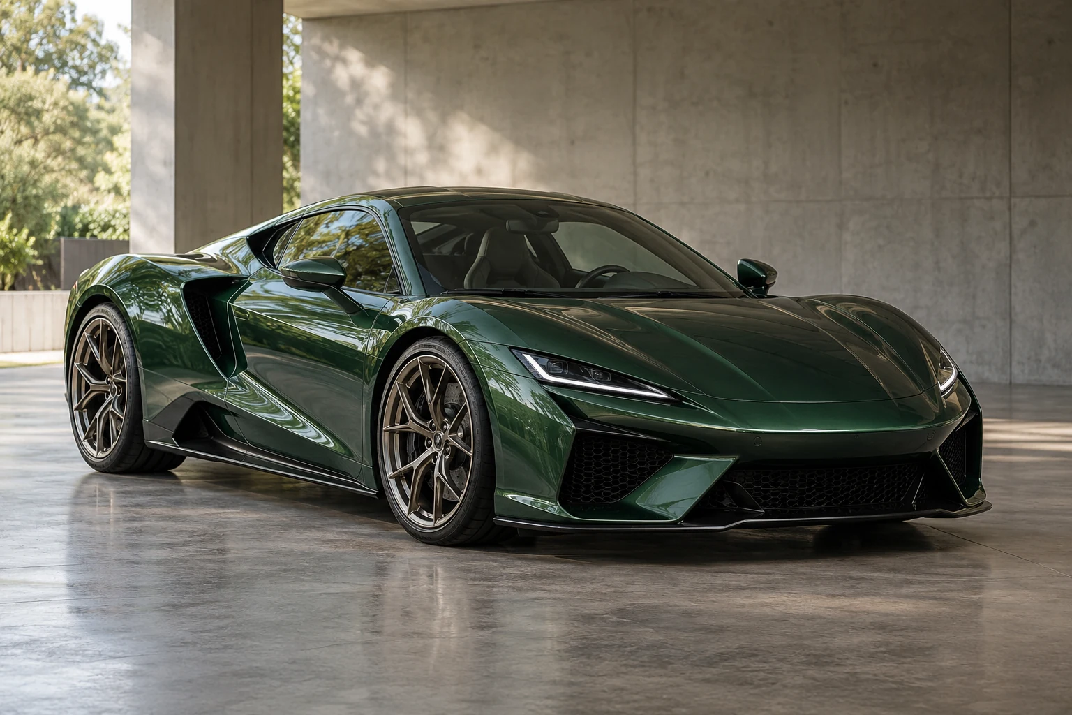 Forest green Verde S concept supercar in a minimal showroom