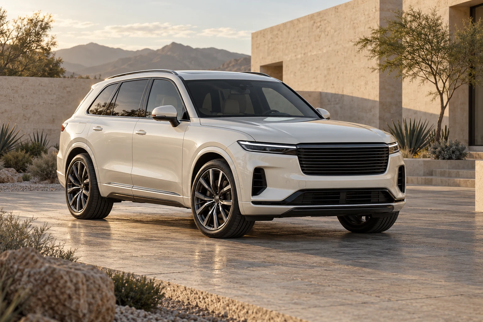 Pearl ivory Dune X concept luxury SUV in a desert courtyard